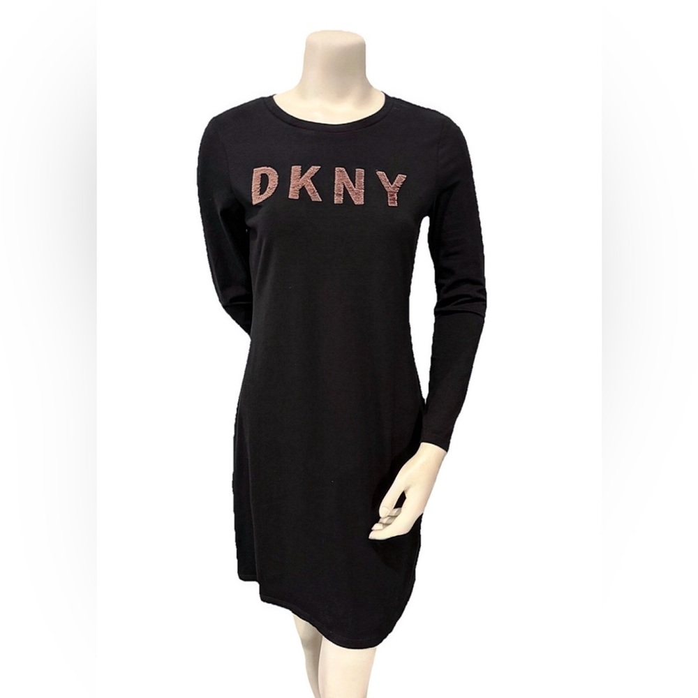 DKNY Black Sweatshirt Dress | Rose Gold Sequin Logo | Size Small